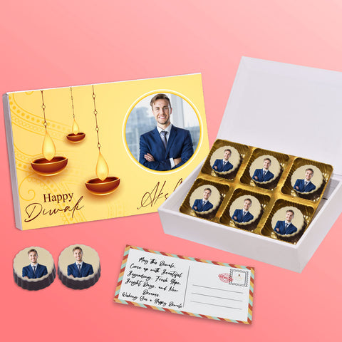 Perfect Diwali gift box personalised with photo on box and chocolates ( with photo printed chocolates)