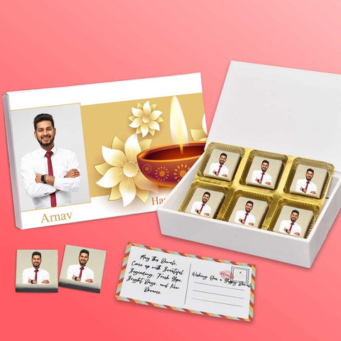 Convey Diwali wishes gift box personalised with photo on box and chocolates ( with photo printed chocolates )