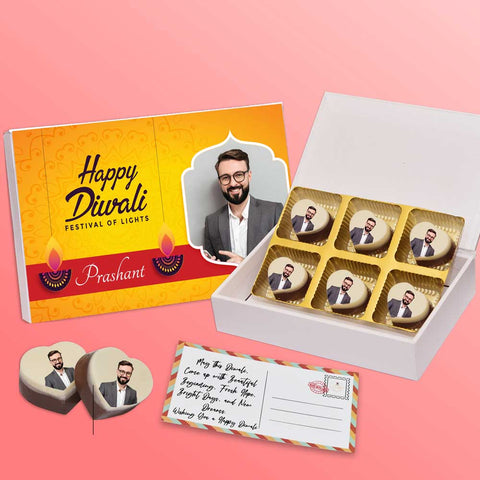 Best Diwali gift box personalised with photo on box and chocolates ( with photo printed chocolates)