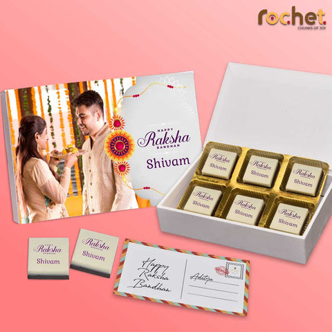 Unique rakhi gift box personalised with photo on box and chocolates ( with photo printed chocolates )