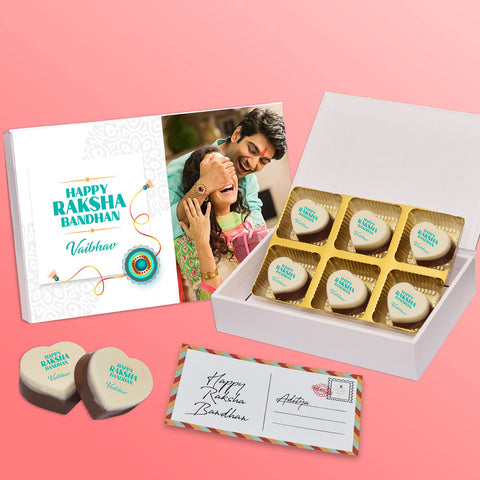 Surprise rakhi gift box personalised with photo on box and chocolates ( with photo printed chocolates )