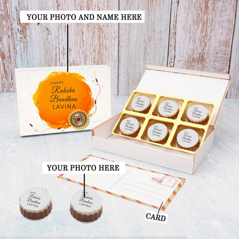 Rakhi gift box personalised with photo on box and chocolates ( with photo printed chocolates )