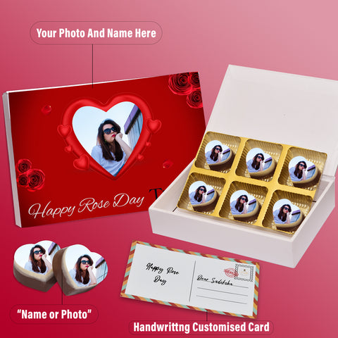 Special Rose Day Gifts box personalized with photo on box and chocolates (with photo printed chocolates)