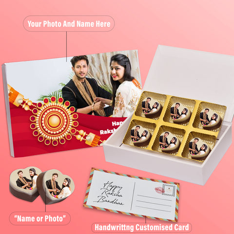 Tastiest Surpirse Rakhi gift box personalised with photo on box and chocolates ( with photo printed chocolates )