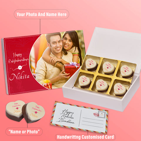 Happy rakshabandhan sister gift box personalised with photo on box and chocolates ( with photo printed chocolates )