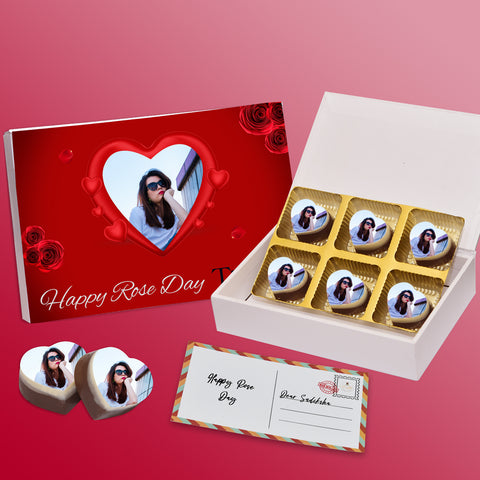 Special Rose Day Gifts box personalized with photo on box and chocolates (with photo printed chocolates)