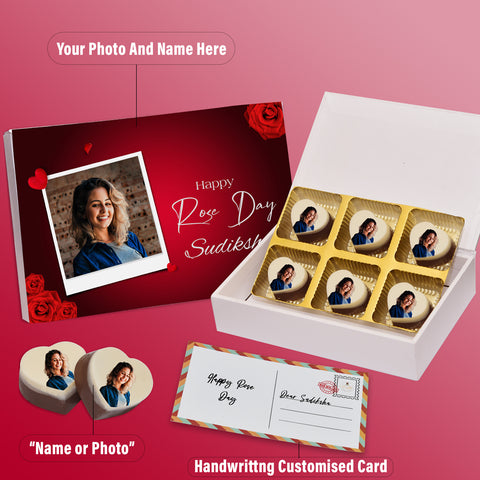 Surprise Gift On Rose Day box personalized with photo on box and chocolates (with photo printed chocolates)