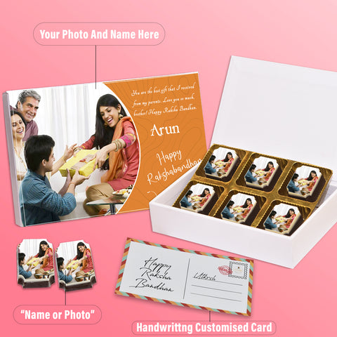 Beautiful rakhi gift box personalised with photo on box and chocolates ( with photo printed chocolates )